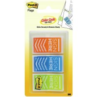 Post-it® Flags “Sign Here” 682-SH-OBL in OTG dispenser. 1 x 1.7 in (25.4 mm x 43.2 mm), 20 flags/color, 3 colors/pack
