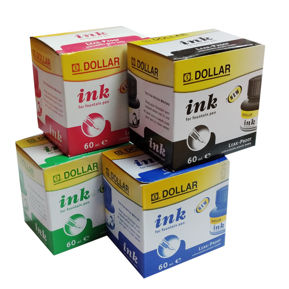 4 X DOLLAR INK BOTTLES - 60ML -30ML - 4 COLOURS - FOR FOUNTAIN PENS -  WASHABLE